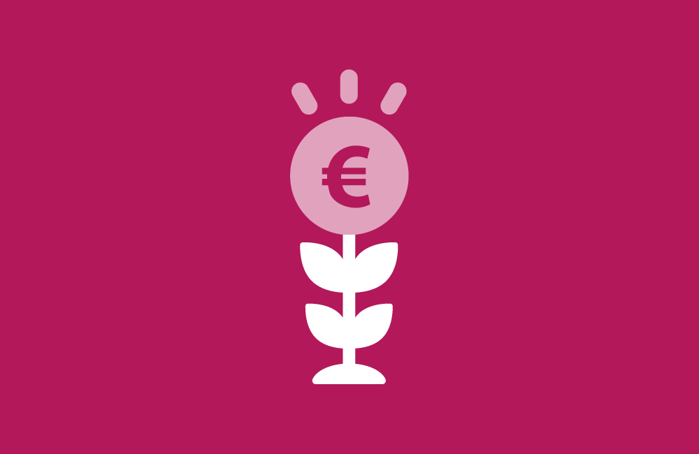Illustratie van een bloem met een munt als bloemkop waarop het euroteken staat, symbool voor financiële groei of investering. (vergroot foto)