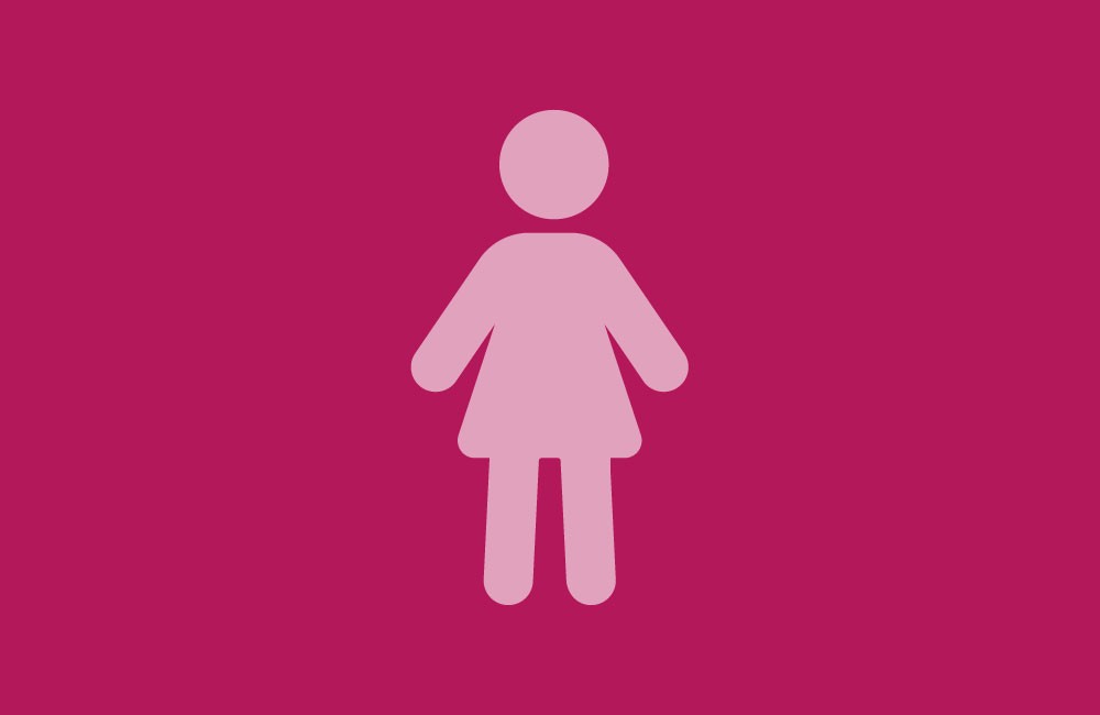 Pictogram van een vrouw, weergegeven als een eenvoudige roze silhouet met een jurk, op een donkerroze achtergrond. (vergroot foto)