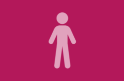 Pictogram van een mensfiguur in lichtroze kleur op een donkerroze achtergrond. (vergroot foto)