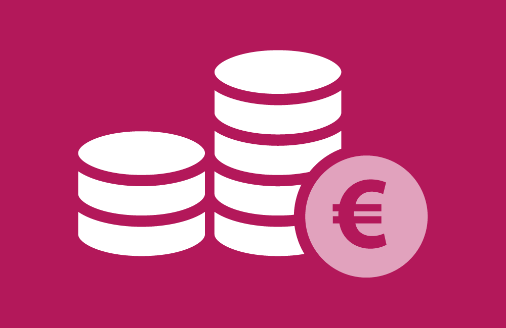 Pictogram van gestapelde munten en een munt met het euroteken, op een donkerroze achtergrond, symboliseert geld of financiën. (vergroot foto)