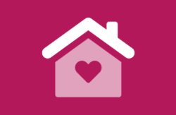 Pictogram van een huis met een hart in het midden, op een donkerroze achtergrond. Het huis is lichtroze met een witte dakrand en schoorsteen. (vergroot foto)