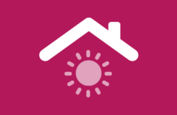 Pictogram van een wit huis met een schoorsteen en een roze zon met stralen eronder, op een donkerroze achtergrond. (vergroot foto)