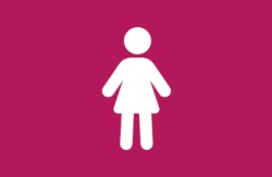 Pictogram van een vrouw in wit tegen een donkerroze achtergrond. (vergroot foto)