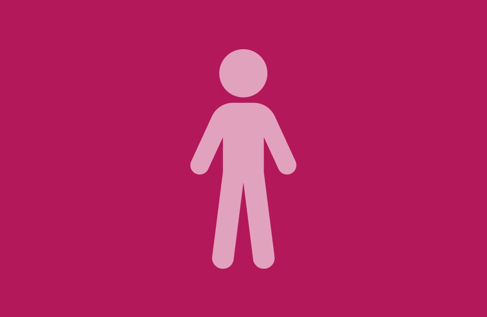Eenvoudige roze pictogram van een mensfiguur op een donkerroze achtergrond. (vergroot foto)