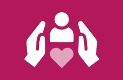 Pictogram met twee witte handen die een persoon en een roze hart beschermen, op een donkerroze achtergrond, symboliseert zorg en bescherming. (vergroot foto)