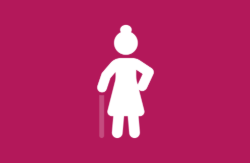 Pictogram van een vrouw met een knot en een jurk, staand met één hand op haar heup en de andere hand steunend op een wandelstok, op een donkerroze achtergrond. (vergroot foto)